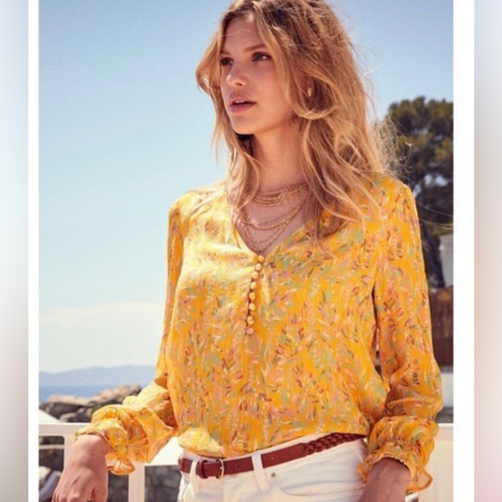 NEW Sezane Carmelina Yellow Floral Silk Blouse Top, Sold Out
